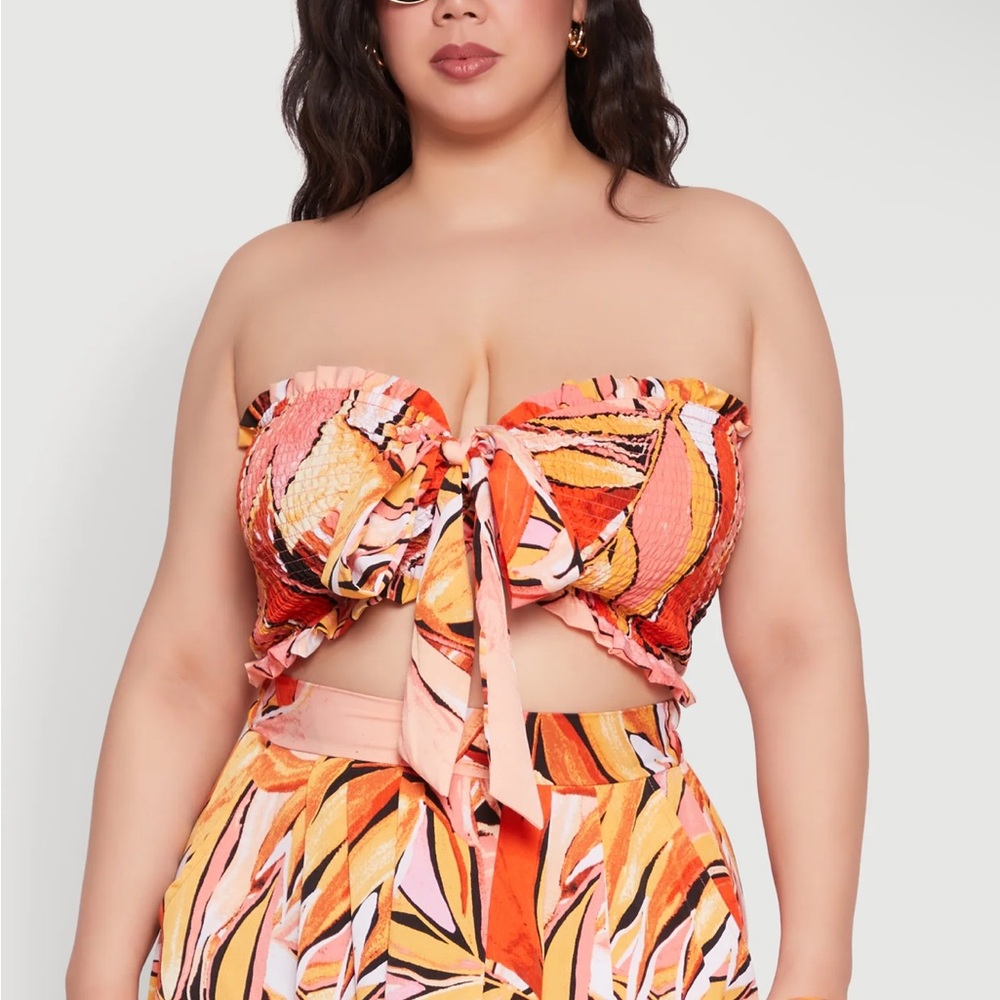Rainbow Strapless Tropical Crop Top - Orange and Pink - Picture 4 of 7